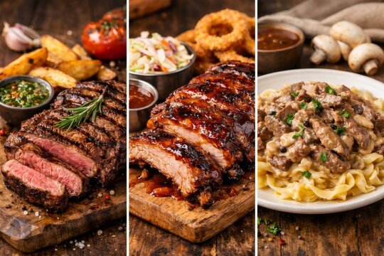 Triptych collage of beef meat dishes with grilled steak and chimichurri, barbecue pork rib with coleslaw and onion ring, and creamy beef stroganoff pasta. Restaurant menu and hearty dinner concept