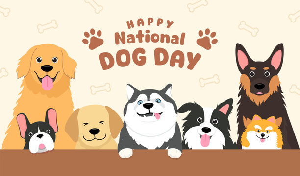 Happy National Dog Day greeting card vector design. Cute cartoon dogs on brown bone pattern background