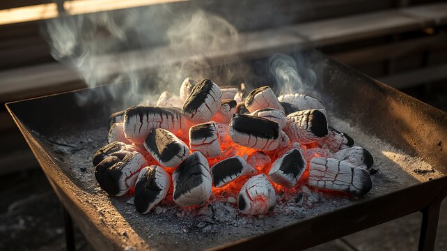 Charcoal and embers burning at full capacity at its peak in a metal barbecue and smoke 