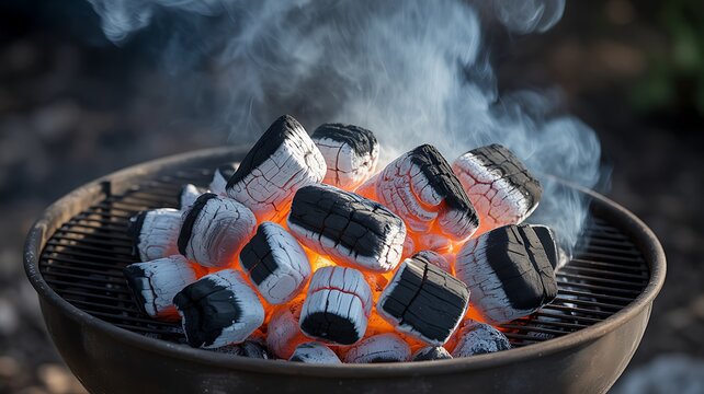Charcoal and embers burning at full capacity at its peak in a metal barbecue and smoke 