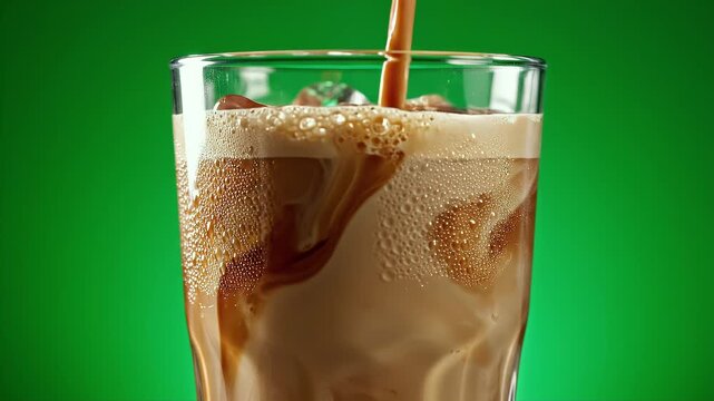 Iced coffee fills a glass cup on a solid green background to create a refreshing beverage scene.