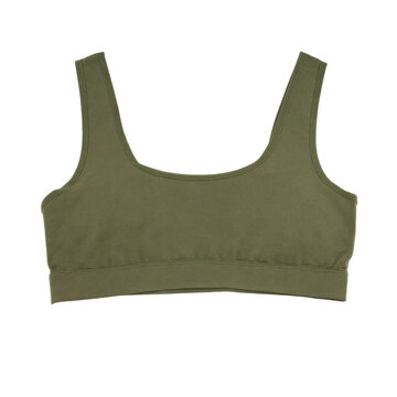 Olive green cotton bralette featuring a square neck laid flat on a transparent background