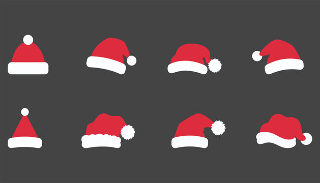 Set of santa claus hats, christmas holiday headwear icons in various shapes and styles, vector illustration