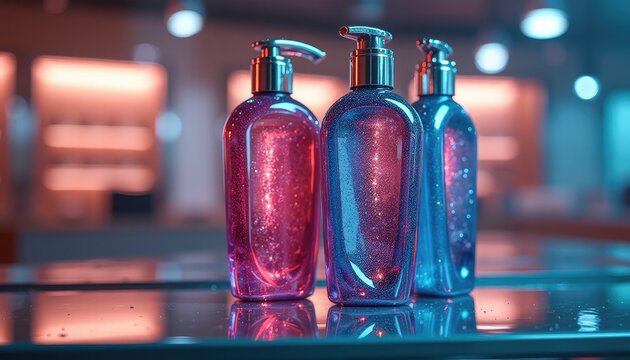Three glitter pump bottle with shampoo on glass table. Luxury cosmetic packaging for skin care and hair care product. Beauty spa and wellness hygiene concept for advertisement