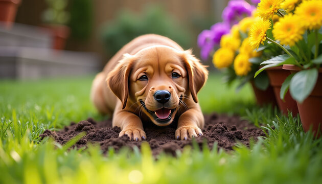 Cute golden retriever puppy lying on dug soil in green garden next to yellow flower pot. Happy playful dog digging ground. Pets and summer backyard lifestyle concept.
