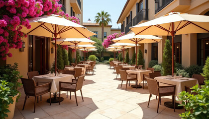 Fototapeta premium Luxury outdoor restaurant terrace with tables under umbrellas between hotel building. Mediterranean courtyard cafe patio for summer vacation travel and hospitality