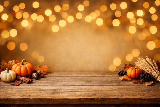 Autumn pumpkins and fall harvest arrangement on wooden table with warm bokeh lights for thanksgiving background and seasonal banner