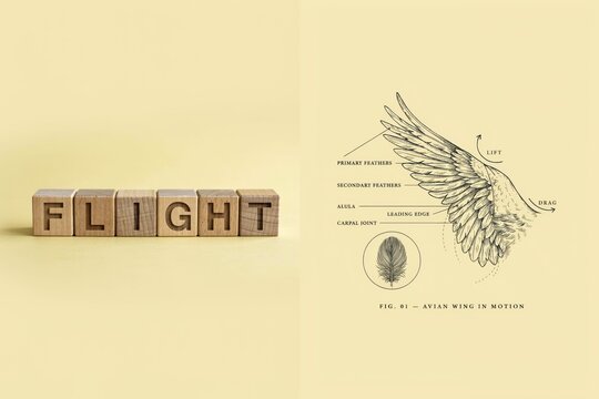 A compelling conceptual graphic exploring the meaning of flight, juxtaposing the typed word with an intricate scientific bird wing illustration