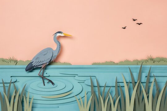 Great Blue Heron standing in a serene wetland landscape crafted from layered paper cutouts with ripples and reeds against a soft peach sky background