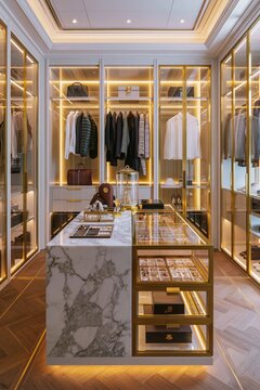 High end walk in closet with a central marble island, glass jewelry drawers and soft golden lighting in a luxury fashion inspired interior