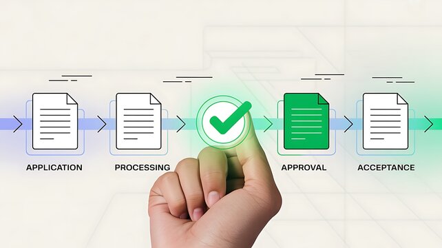 Hand holding a checkmark icon while processing documents from application to approval and acceptance, symbolizing successful transaction or decision