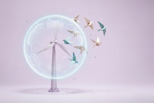 Safe renewable wind energy concept with protective bubble shielding flying origami birds around wind turbine