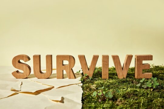 Survive Wooden Word Between Dry Cracked Earth and Green Moss Concept for Climate Change Survival