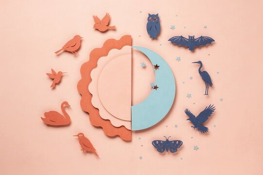 A whimsical paper cutout arrangement showcasing a crescent moon amidst a flurry of various birds and insects against a soft peach background, evoking a sense of dreamlike serenity and nocturnal wonder