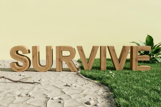 Survive text concept on divided landscape between dry desert soil and green fertile grass meadow