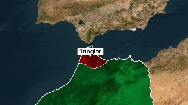 Animated map highlighting Tangier in Morocco with coastline and sea motion