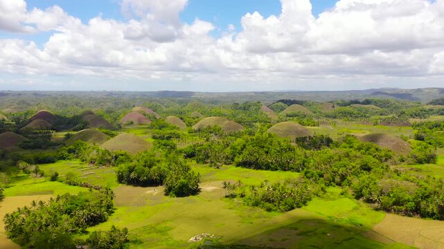 Aerial drone of the chocolate hills, a famous tourist destination on the island of Bohol, Philippines.