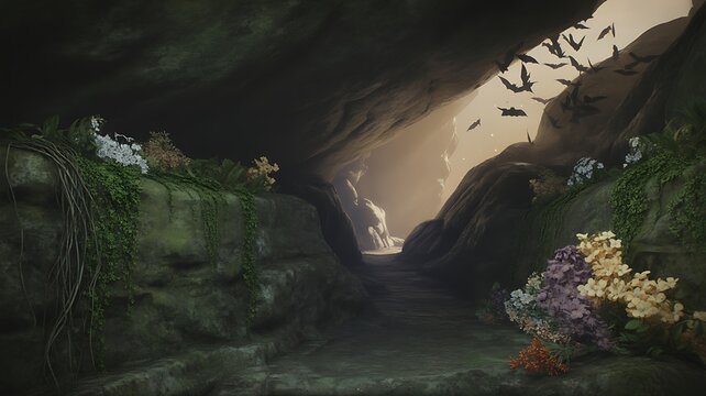 Light at the end of a very dark, gloomy and sinister tunnel, well or rocky cave with the walls full of vegetation and flowers illuminated by light from outside. Home of bats. 
