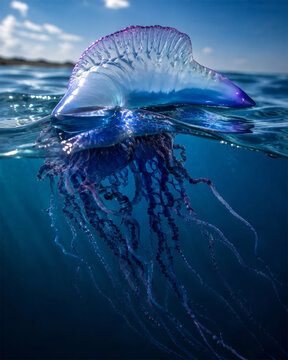 A split-level underwater and surface photograph capturing a Portuguese man o' war (Physalia physalis) floating on the clear blue Atlantic Ocean