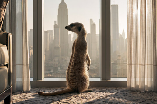 Curious meerkat standing near a large window in a luxury apartment, city skyline in the background, soft golden hour lighting, elegant interior design