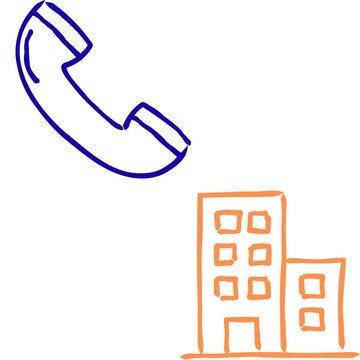 Telephone Call to Business Building: A simple hand-drawn illustration depicts a blue telephone receiver hovering above a small orange building, symbolizing communication or a business contact.