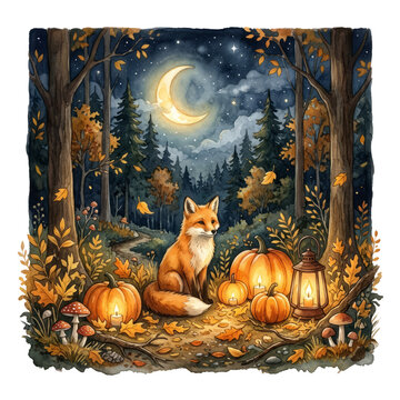 Charming watercolor illustration of a fox sitting in an autumn forest at night, surrounded by glowing pumpkins, a lantern, mushrooms, and fallen leaves under a crescent moon and starry sky