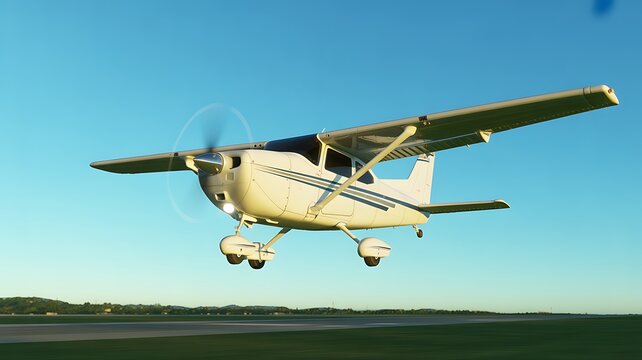 Small white cessna single propeller plane flying in a clear blue sky maneuvering before landing at Sabadell airport 