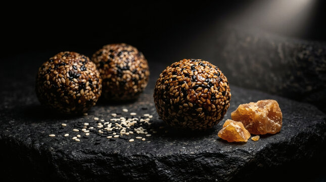 Til Ladoo Sesame Jaggery Balls on Rustic Dark Stone Surface