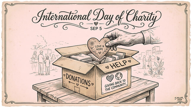 Hand Placing Heart in Donation Box for International Day of Charity Illustration