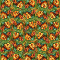 Fototapeta premium Vibrant floral seamless pattern, colorful spring flowers with ethereal smoke swirls, artistic botanical background for textile design