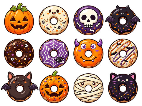 Colorful halloween themed donuts with cute monster faces and spooky decorations vector illustration