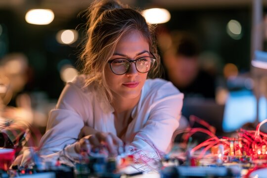 Young woman wears glasses while tinkering with electronics