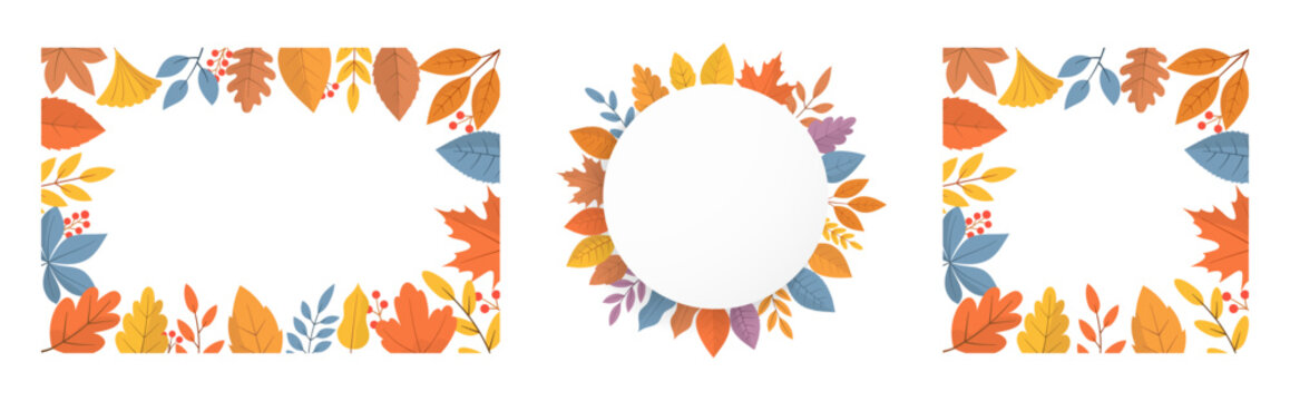 Set of autumn borders, frames, and corner arrangements with fall leaves