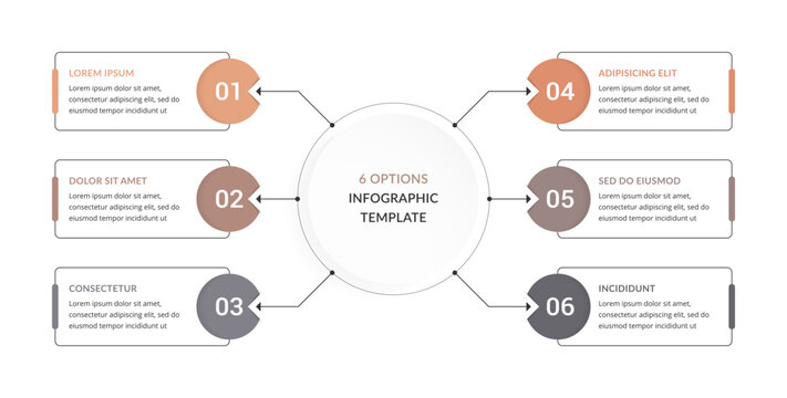 Infographic template with a central circle connected to six numbered nodes with text placeholders arranged symmetrically