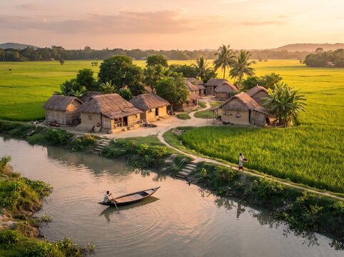 Idyllic rural village scene at sunset with lush green rice fields and river in Bangladesh.