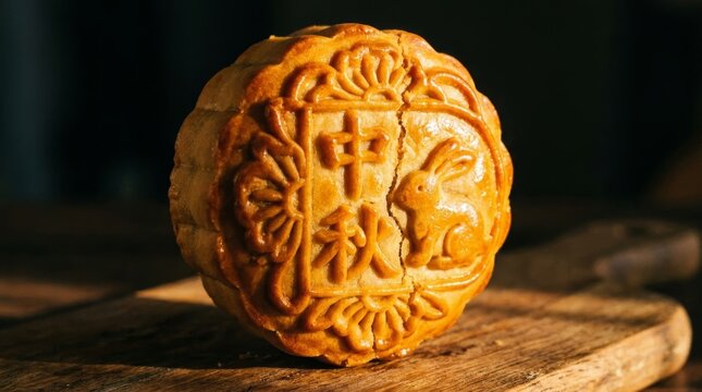 Traditional mooncake with Chinese characters and rabbit motif under warm sunlight