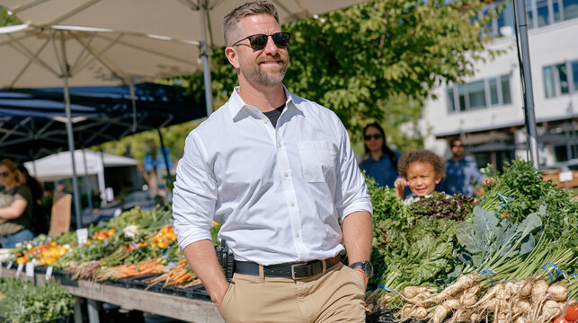 A loss prevention officer walks the perimeter of a sunlit outdoor produce market squinting against harsh midday glare as a small child watches intently from behind a hyperlocal vegetable display rep