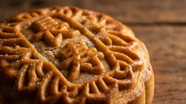 Extreme close-up of golden mooncake crust with intricate floral pattern and sugar