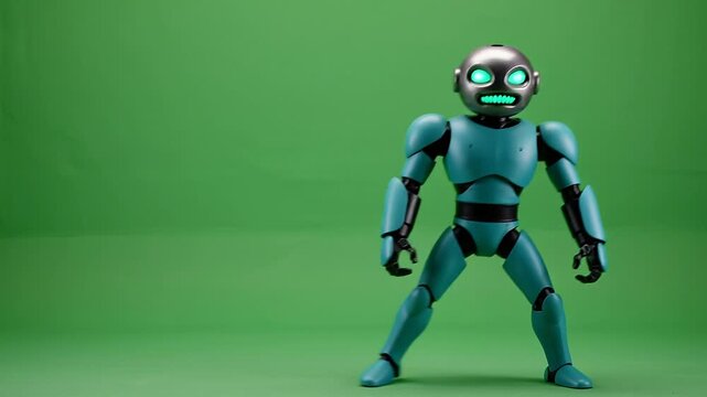 Cyan robot takes a side step in front of green screen