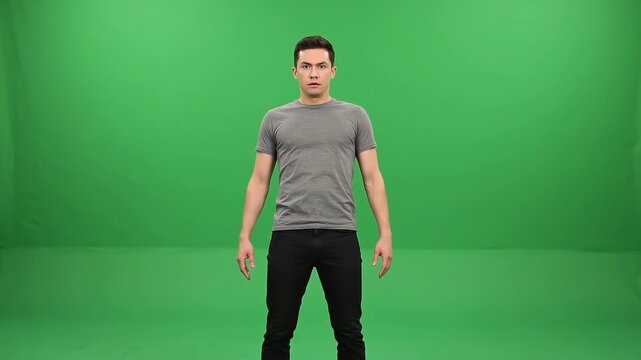 Man jumping back in fear against a green screen background