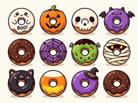 Cute halloween themed donuts with spooky faces and designs vector illustration