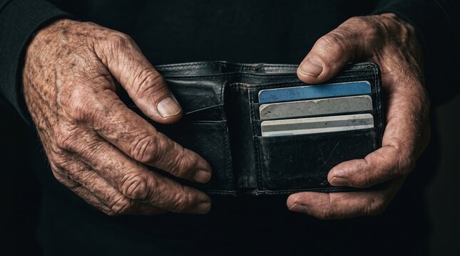An elderly person holding an empty black leather wallet with credit cards, representing financial hardship and poverty in old age