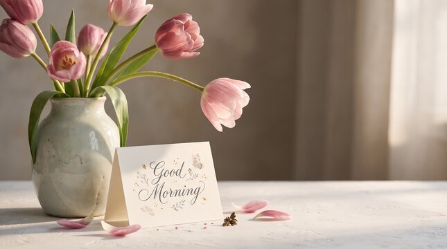 Elegant Pink Tulip Flower Bouquet With Good Morning Greeting Card Still Life