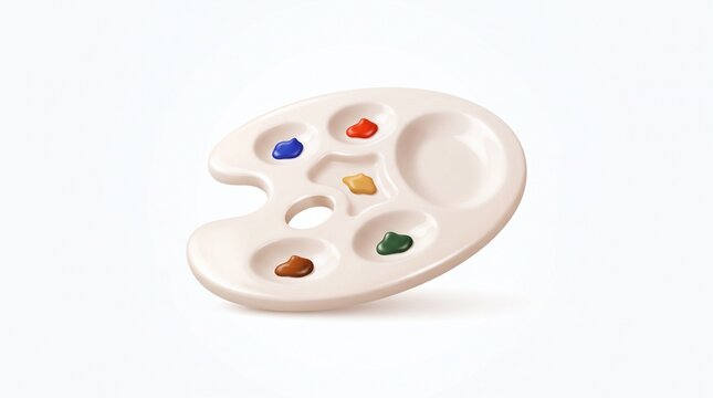 White ceramic artist's palette with vivid paint dots, essential art tool for creative expression, painting, and design projects, rendered as a high-quality graphic asset illustration
