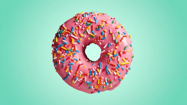 A close-up studio shot of a delicious pink frosted donut adorned with colorful sprinkles against a soft aqua background
