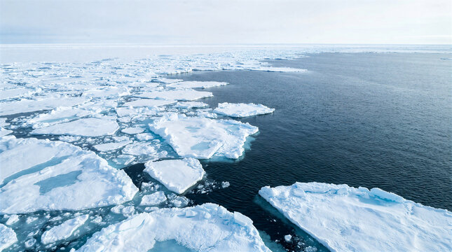 Floating sea ice chunks in dark ocean water