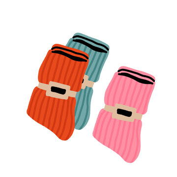 Cozy winter socks with bear sock, snowflake pattern, striped and Christmas boot sock for cold weather fashion. Flat cartoon hand drawn vector illustration.