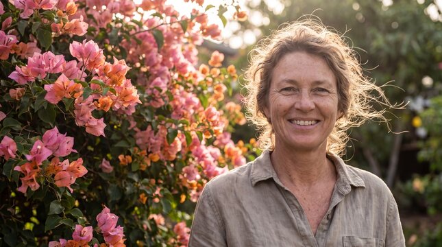 Smiling mature woman standing beside vibrant pink bougainvillea flowers during golden hour outdoor portrait session