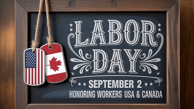Chalkboard sign celebrating labor day in the united states and canada with patriotic flag decorations on wooden frame