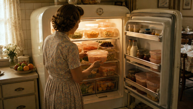 Woman organizing food in plastic containers inside a stocked vintage refrigerator in a cozy retro kitchen